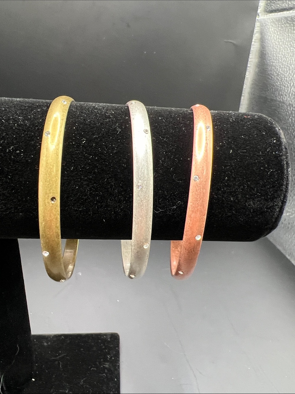 Tri-Color Crystal Accent Bangle Set - Gold Silver Rose Gold